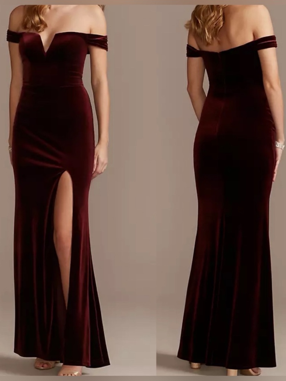 DB Studio Davids Bridal Off the Shoulder Velvet Sheath Maxi Leg Slit Dress 2